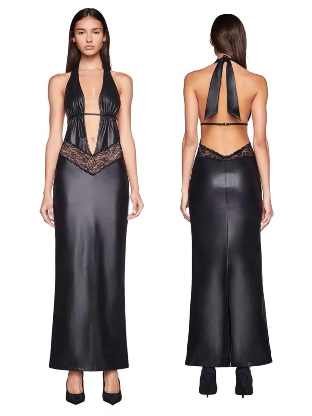 I AM GIA • Astora Maxi Dress black faux leather illusion lace plunge halter sexy